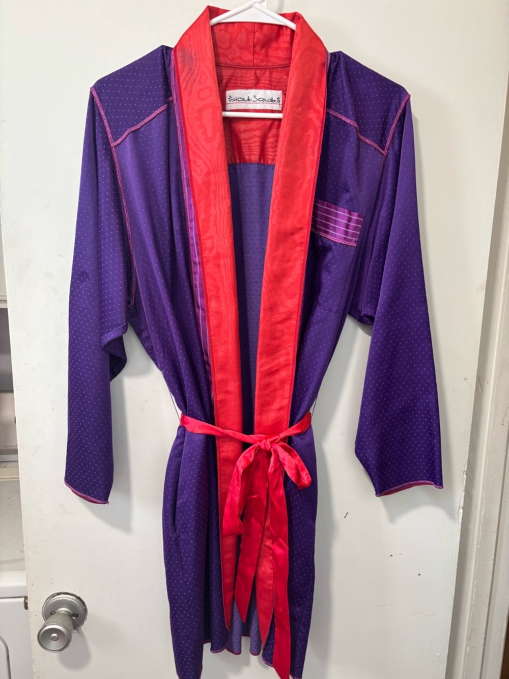 Fernando Sanchez Squette Belted Short Robe Purple Red Polka Dot Stripe Unisex S